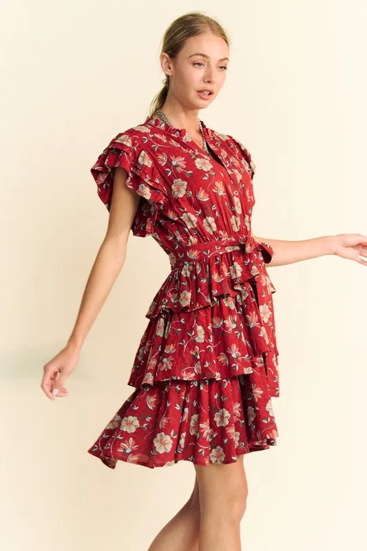 Davi & Dani Ruffle Flutter Sleeve Tie Belt Tiered Mini Dress