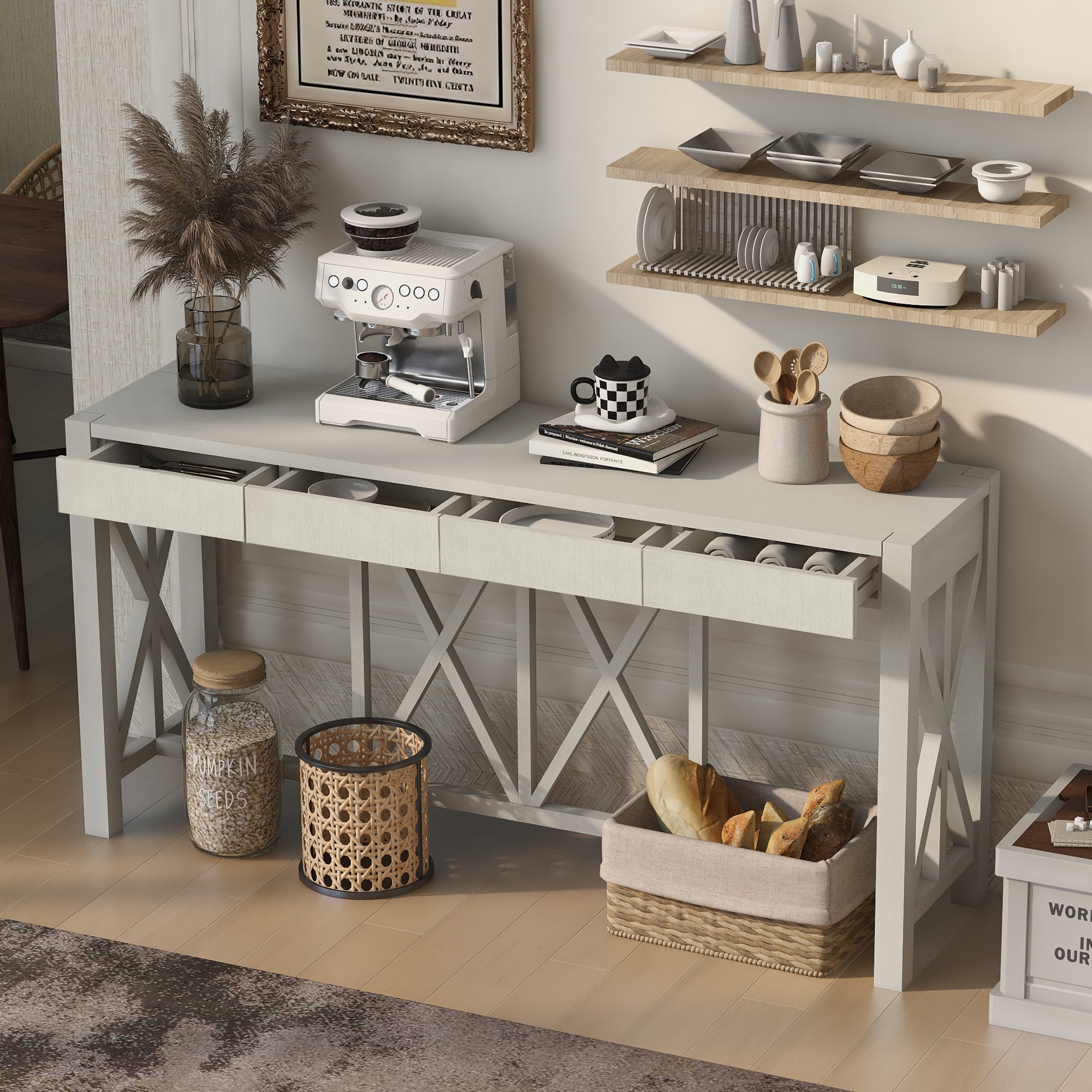 U_Style 60''Acacia Veneer Console Table with 4 Spacious Drawers, Modern Crisscross Design Entryway Table with Open Bottom Storage,Farmhouse Sofa Table for Living Room,Kitchen,Dining Room,Hallway