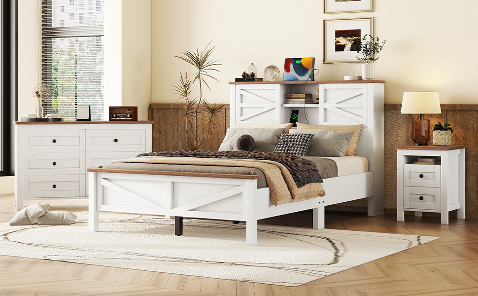 3-Pieces Bedroom Sets Full Size Farmhouse Platform Bed with Double Sliding Door Storage Headboard and Charging Station, Storage Nightstand and Dresser, White+Brown(Old SKU HL000091AAK)