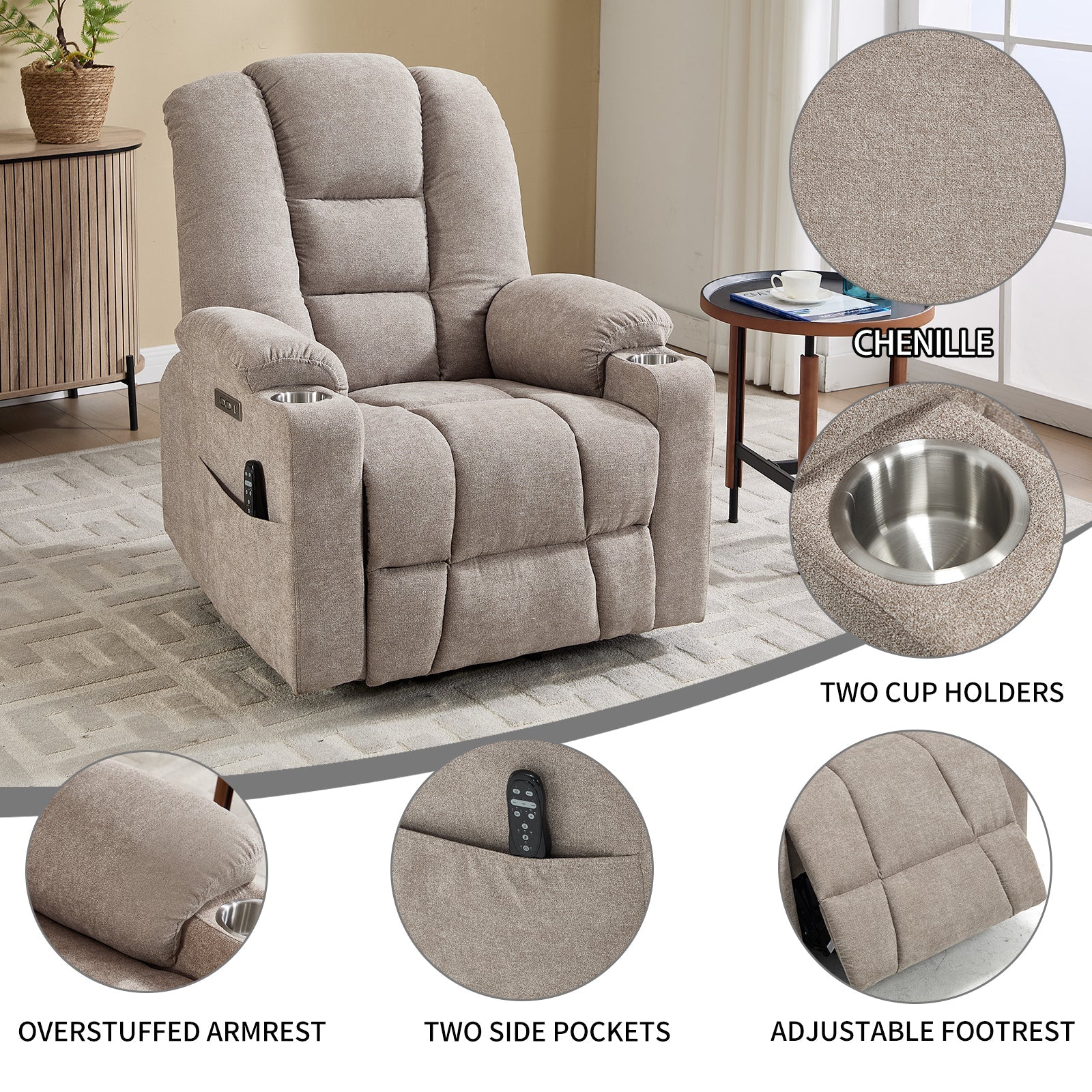 Power Lift Recliner Chair with Massage and Heat for Elderly, Overstuffed Wide Recliners, Heavy Duty Motion Mechanism with USB and Type C Ports, 2 Steel Cup Holders, Khaki