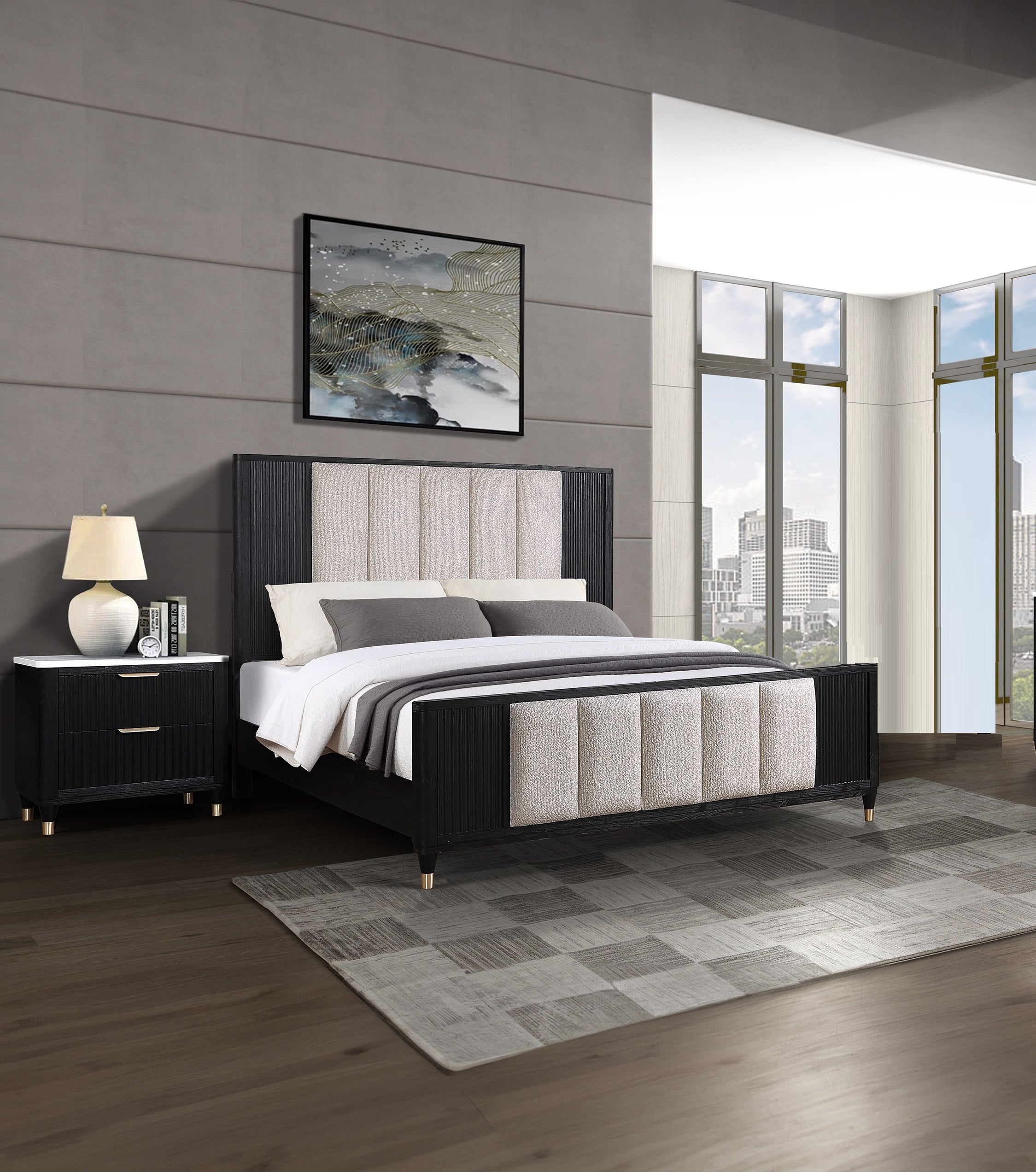 1pc Contemporary 2-Drawer Black Nightstand White Top Metal Knobs Modern Design Wooden Bedroom Furniture