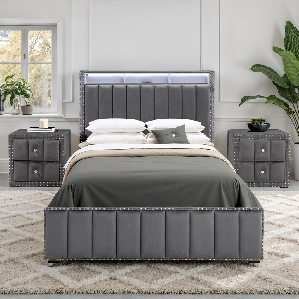 Contemporary 3pc Bedroom Set Full Size Bed 2x Nightstands Bedroom Furniture Dark Gray Fabric Upholstered Bedframe w LED Nailhead Trim