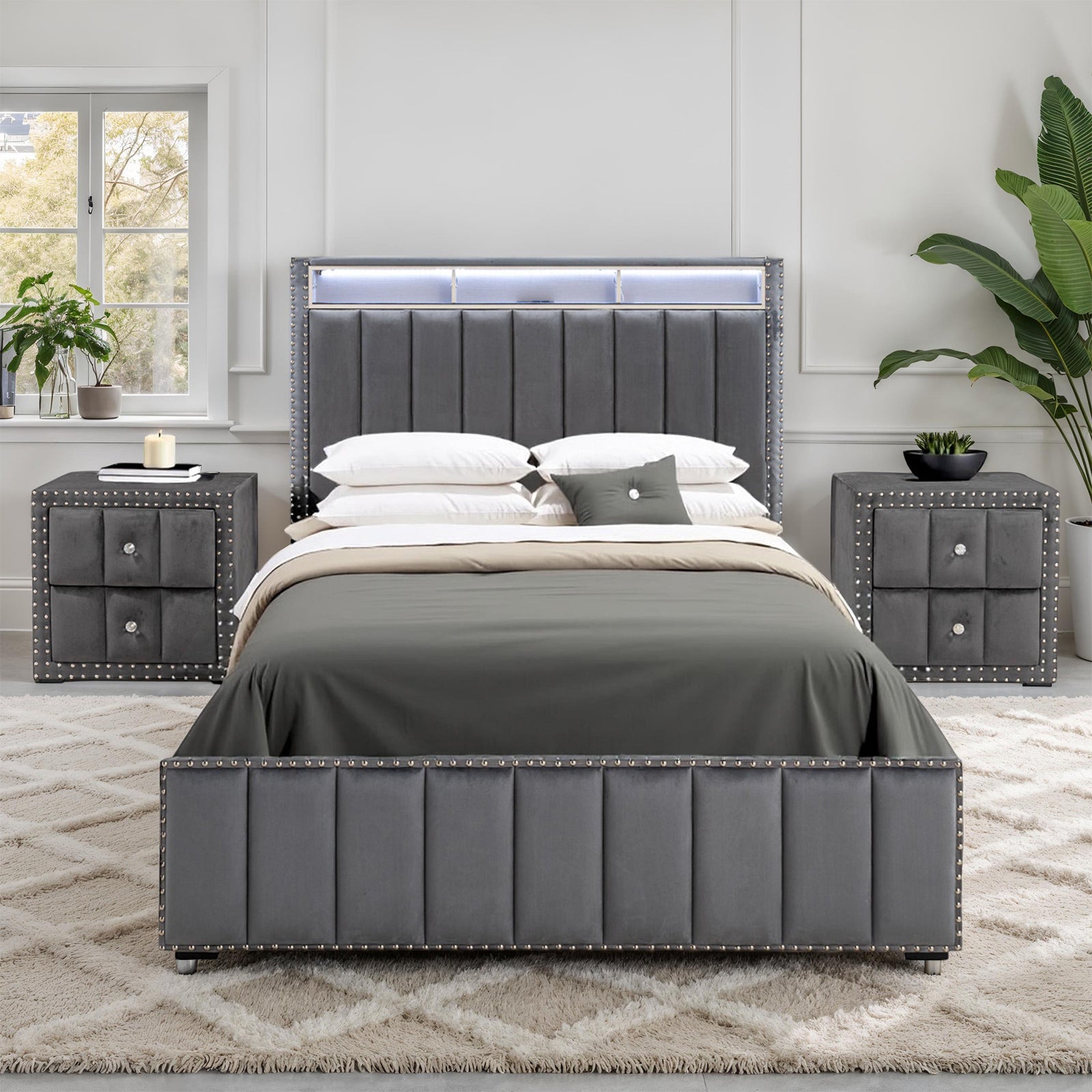 Contemporary 3pc Bedroom Set Full Size Bed 2x Nightstands Bedroom Furniture Dark Gray Fabric Upholstered Bedframe w LED Nailhead Trim