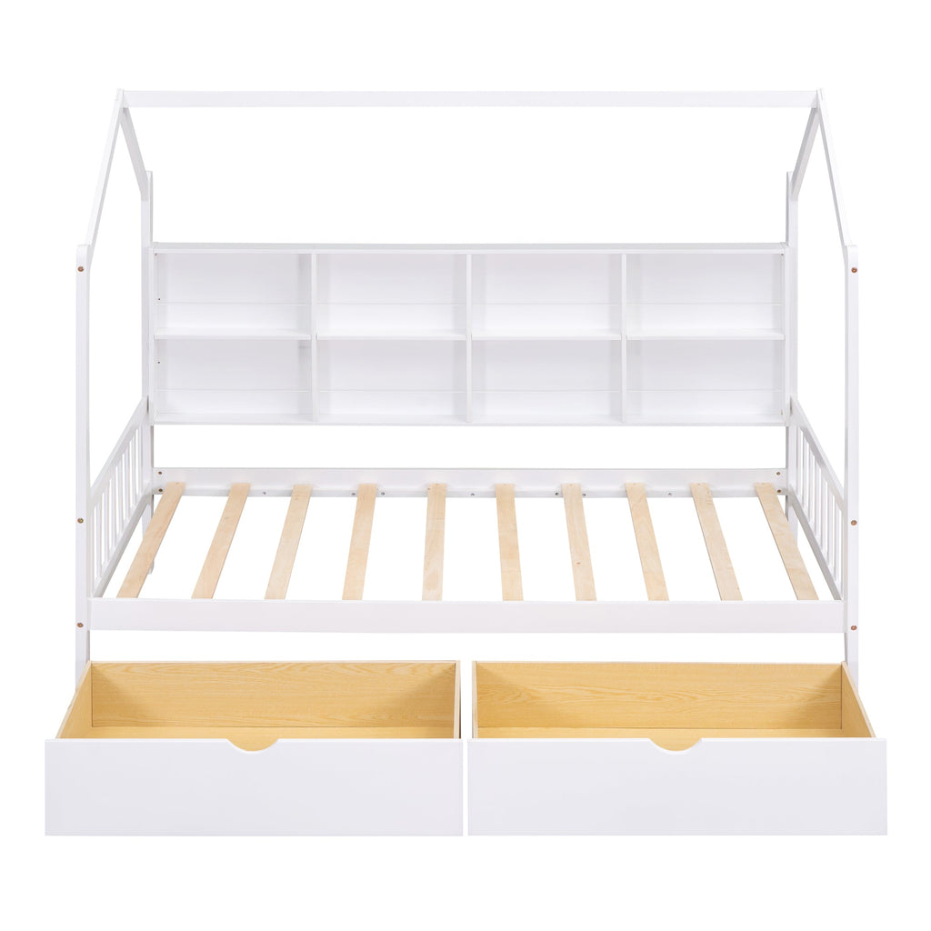 Wooden Twin Size House Bed with 2 Drawers,Kids Bed with Storage Shelf, White