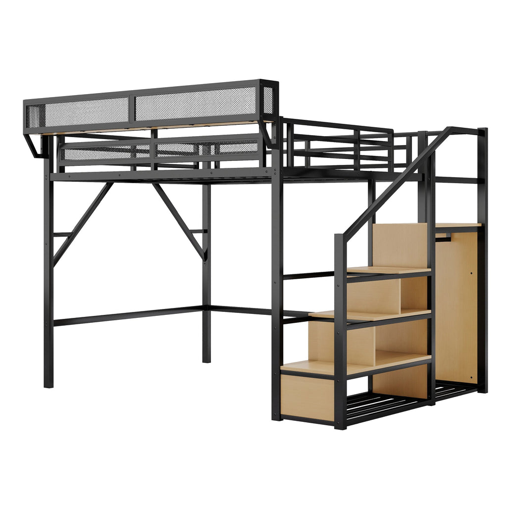 Queen Size Loft Bed with Stairs, Metal Queen Loft Bed with Storage Shelves, High Loft Bed with Wardrobe for Kids Teens Adults, Black(Old SKU W2580S00026 ) Patent Products