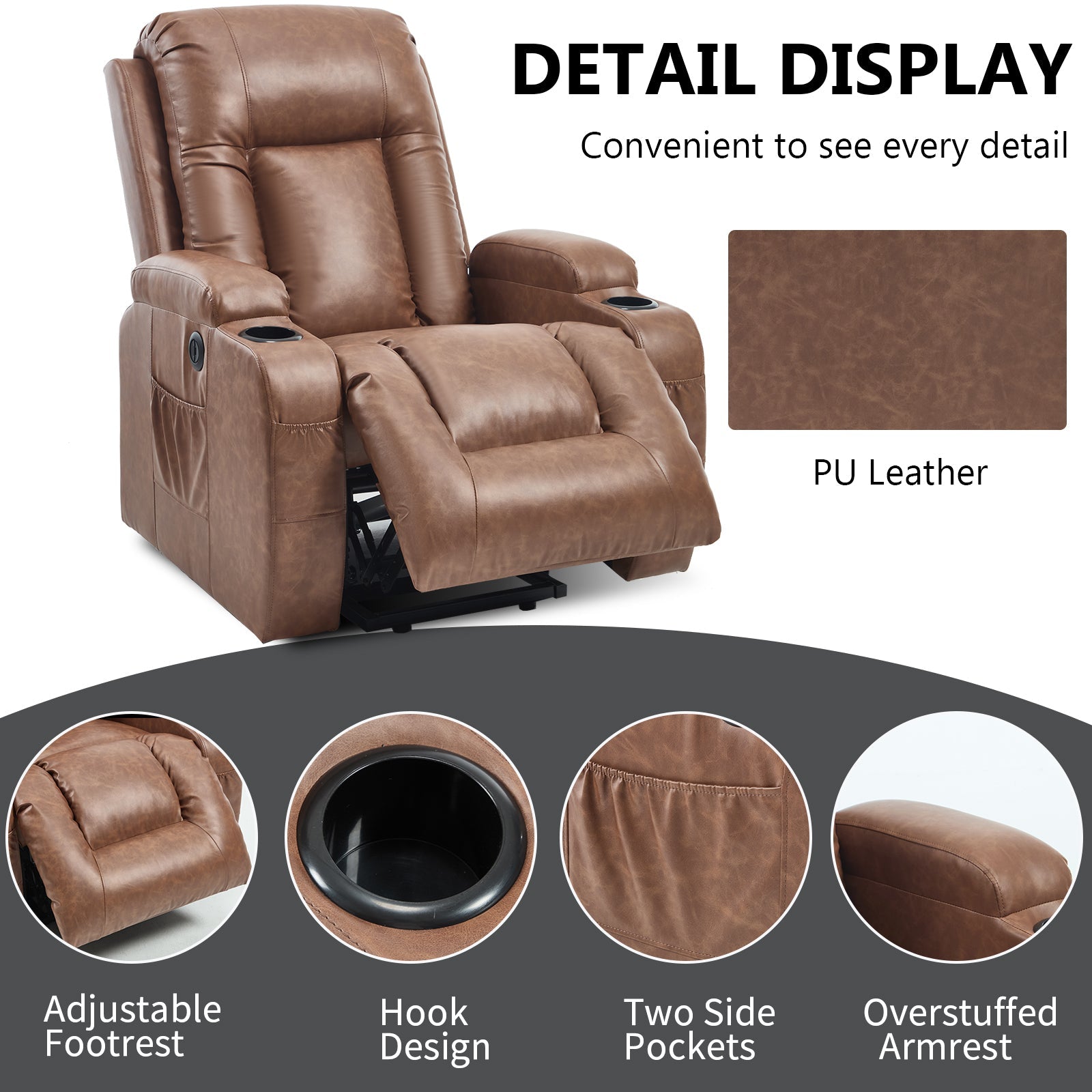 Brown PU Infinite Position Up to 350 LBS Power Lift Recliner Chair for Elderly, Heavy Duty Motion Mechanism with 8-Point Vibration Massage and Lumbar Heating, USB Charging Port, Cup Holders