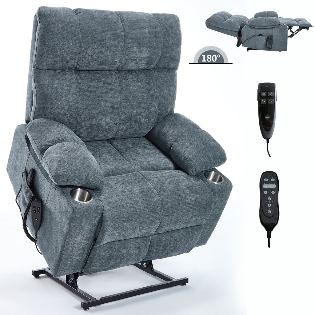 Grey Dual Motor Infinite Position Up to 350 LBS Chenille Power Lift Recliner Chair, Heavy Duty Motion Mechanism with 8-Point Vibration Massage and Lumbar Heating, Dual Cup Holders