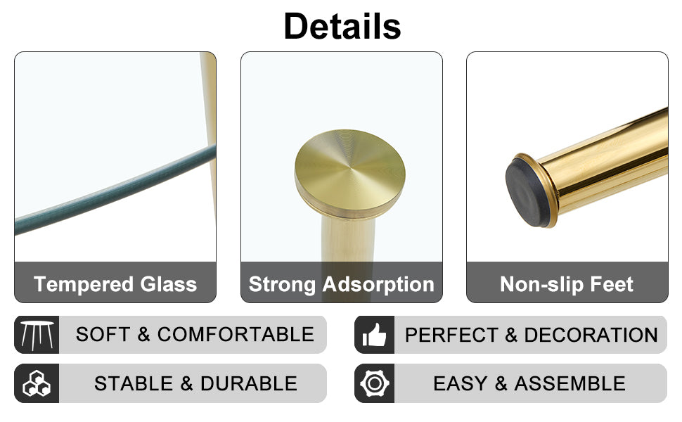 A glass tabletop with a diameter of 40 inches and a modern minimalist circular dining table with gold plated metal legs. 40 '* 40' * 30 ' DT-1164.W1151S00375