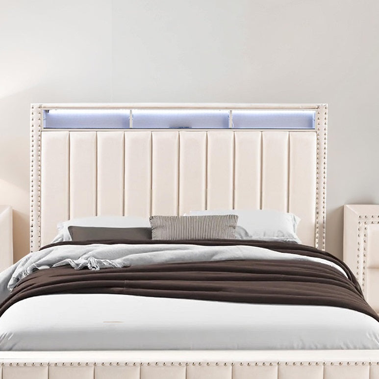 Queen Size Bed 2x Nightstands Bedroom Furniture Contemporary Beige Fabric Upholstered Bedframe w LED Nailhead Trim 3pc Bedroom Set