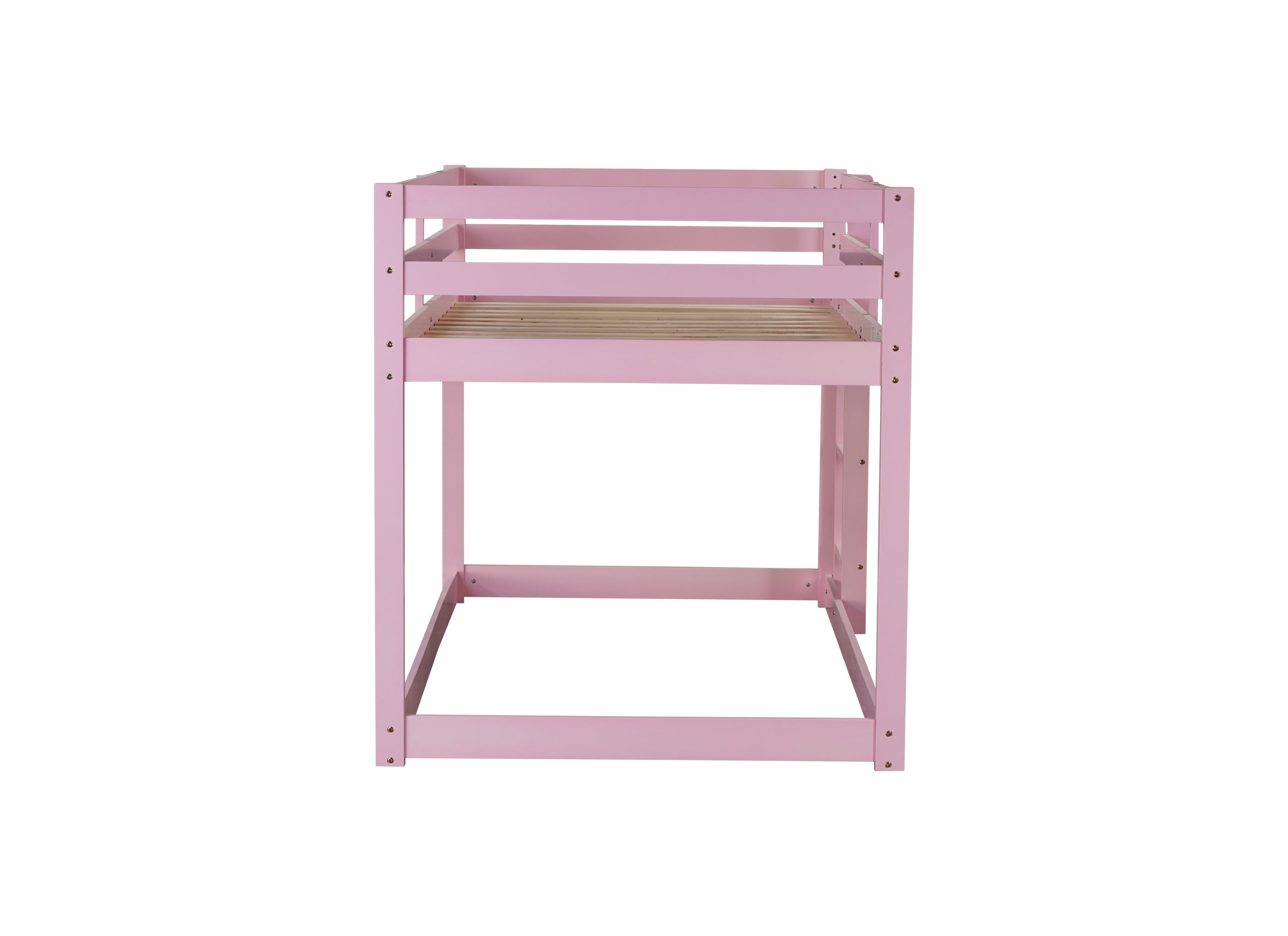 Solid Wooden, Solid Rubber Wooden Twin over Twin Floor Bunk Bed with Ladder, with Bed Platform of Strengthened Slats , Pink
