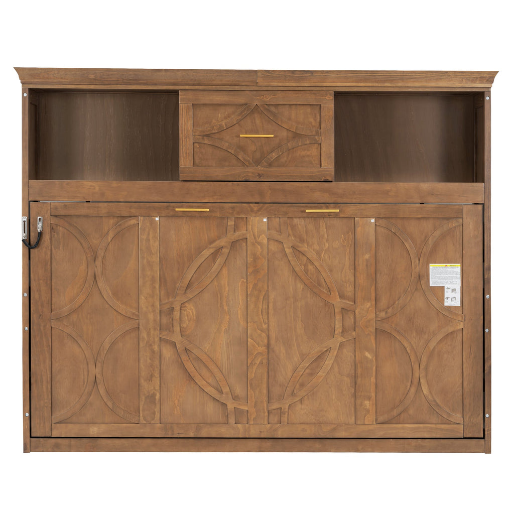 Twin Size Murphy Bed with Charging Station and Drawer in Wood Color, Solid Pine Wood + MDF