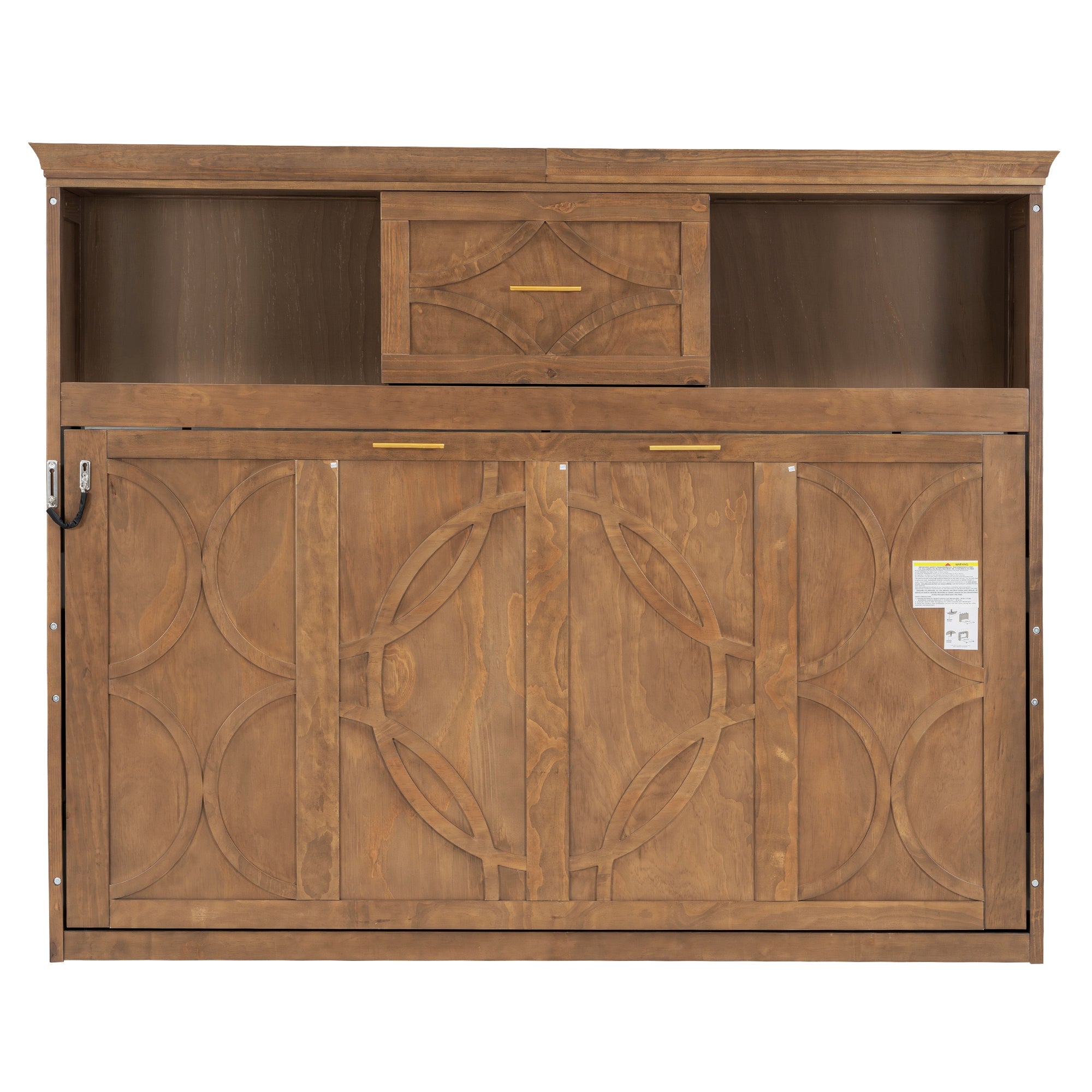 Twin Size Murphy Bed with Charging Station and Drawer in Wood Color, Solid Pine Wood + MDF
