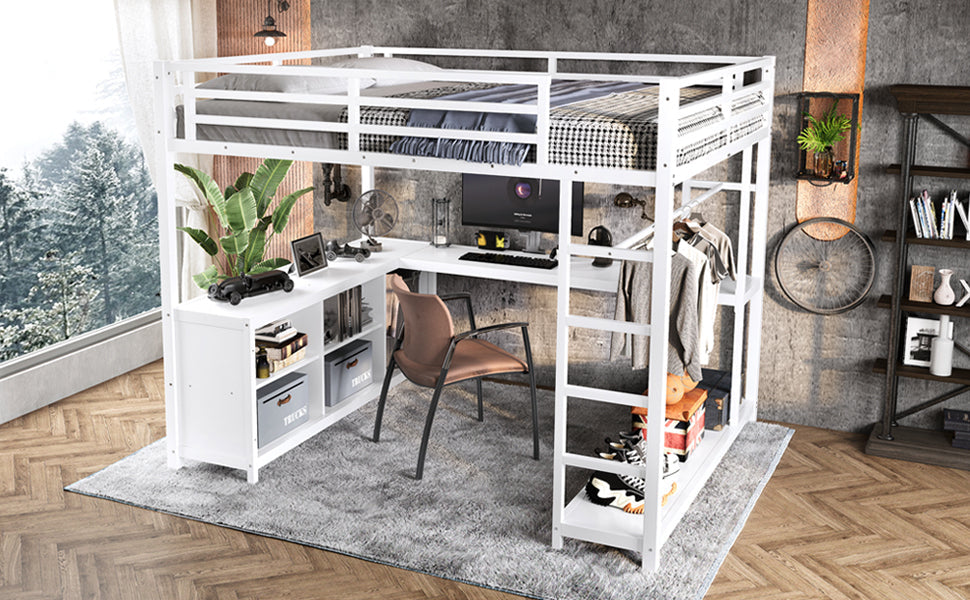 Metal Loft Bed with Wardrobe and L-shaped Desk, Queen Size Loft Bed with Storage Cubes and Shelves, Loft Bed for Kids Teens Adults, White