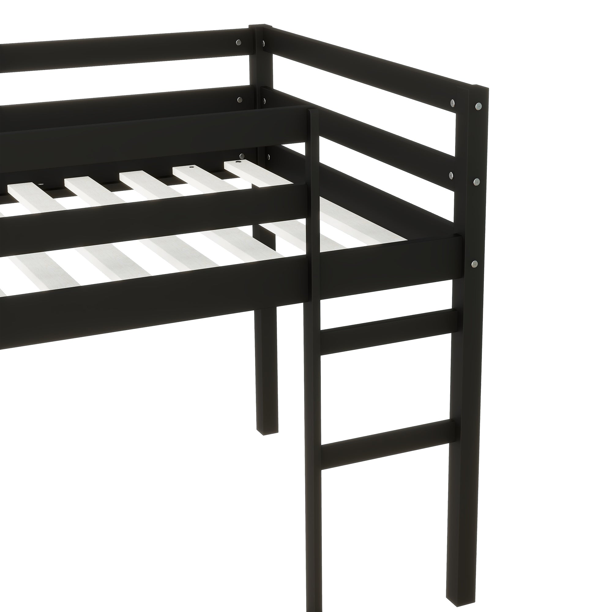 Solid Wooden, Rubber Wooden Twin Loft Bed with Ladder, Bed Platform of Strengthened Slats , Black