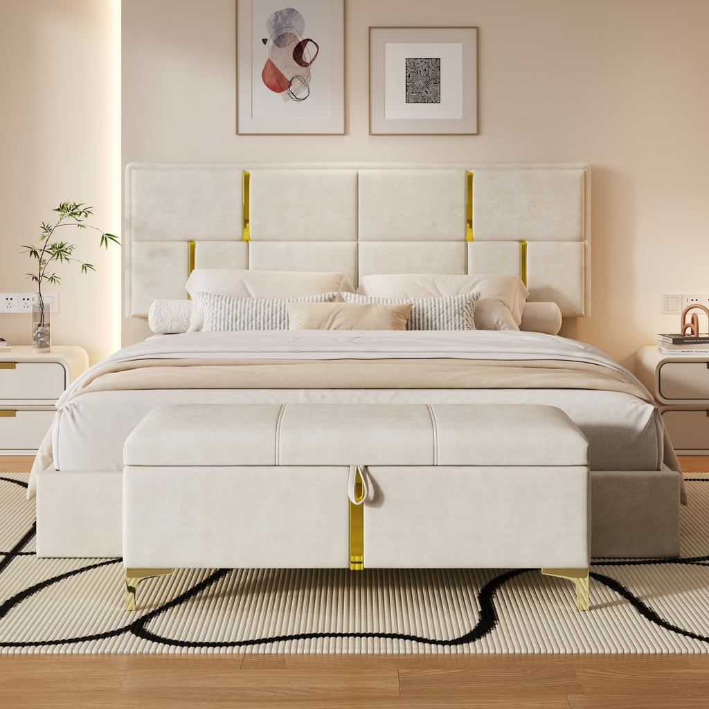 2-Pieces Bedroom Sets,Queen Size Upholstered Platform Bed with Hydraulic Storage System,Storage Ottoman with Metal Legs,Beige(Old SKU:N733S207778A)