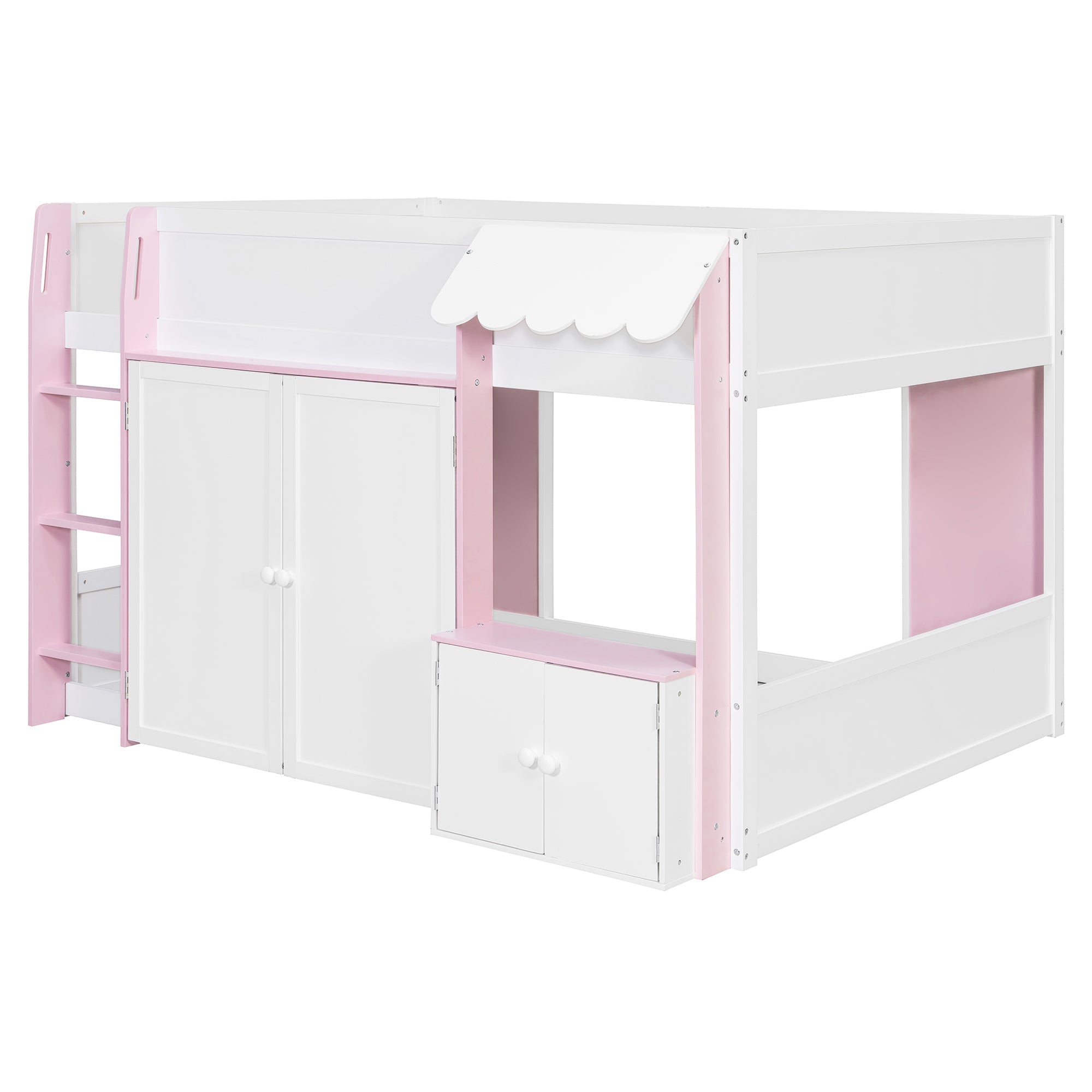 Full Loft House Bed with Playhouse & Storage, Modern Wood Cabin Bed for Kids/Teens, White+Pink