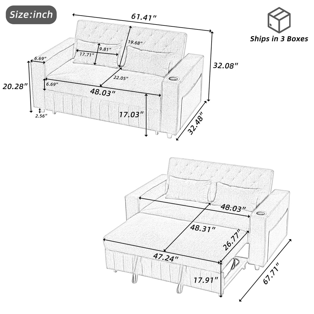 61.4' Pull-out Sofa Bed Convertible Couch Loveseat Sofa Modern Sleeper Sofa with Adjustable Backrest for Living Room, Beige