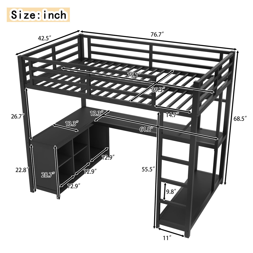 Metal Loft Bed with Wardrobe and L-shaped Desk, Twin Size Loft Bed with Storage Cubes and Shelves, Loft Bed for Kids Teens Adults, Black