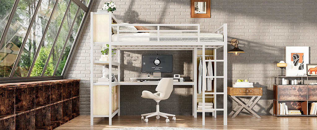 Metal Loft Bed with Wardrobe And L-shaped Desk, Queen Size Loft Bed with Storage Cubes and Shelves, Heavy Duty Loft Bed for Kids Teens Adults, White Wood-grain