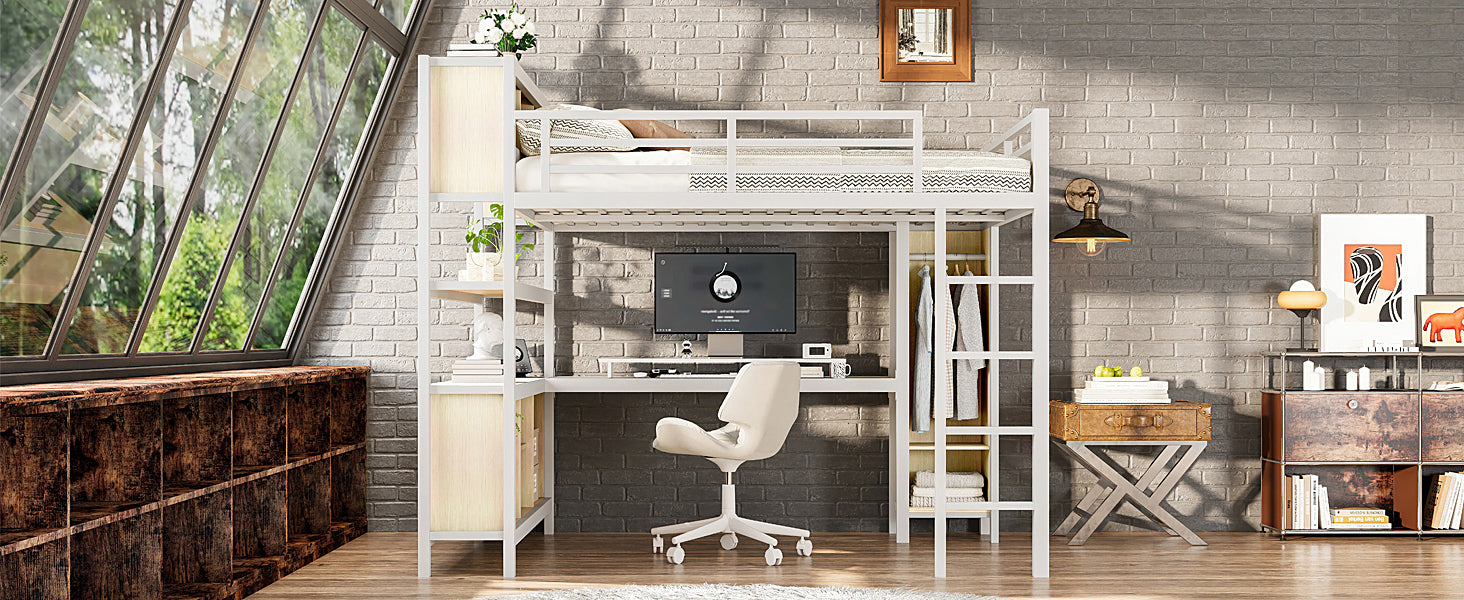 Metal Loft Bed with Wardrobe And L-shaped Desk, Queen Size Loft Bed with Storage Cubes and Shelves, Heavy Duty Loft Bed for Kids Teens Adults, White Wood-grain