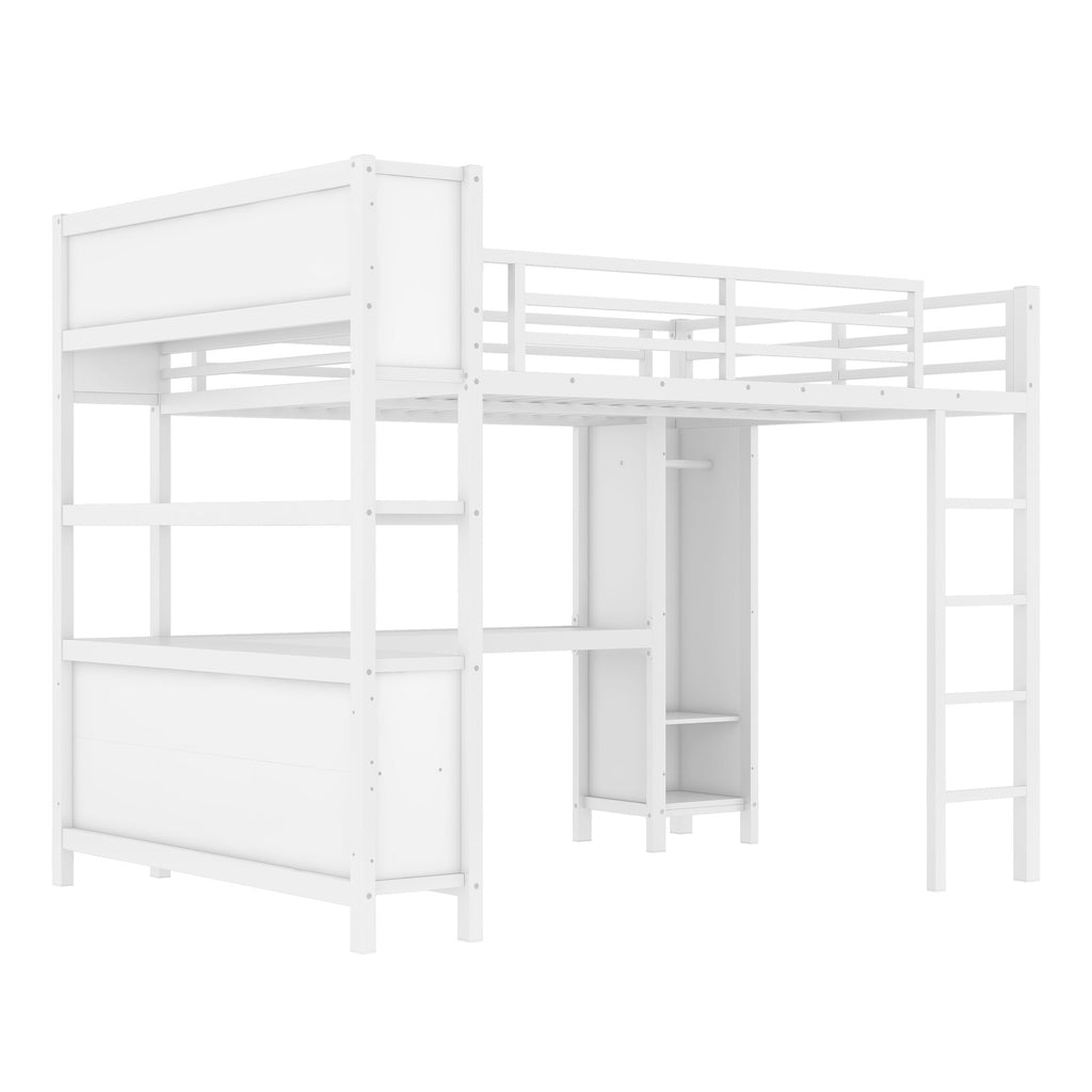 Metal Loft Bed with Wardrobe And L-shaped Desk, Queen Size Loft Bed with Storage Cubes and Shelves, Heavy Duty Loft Bed for Kids Teens Adults, White