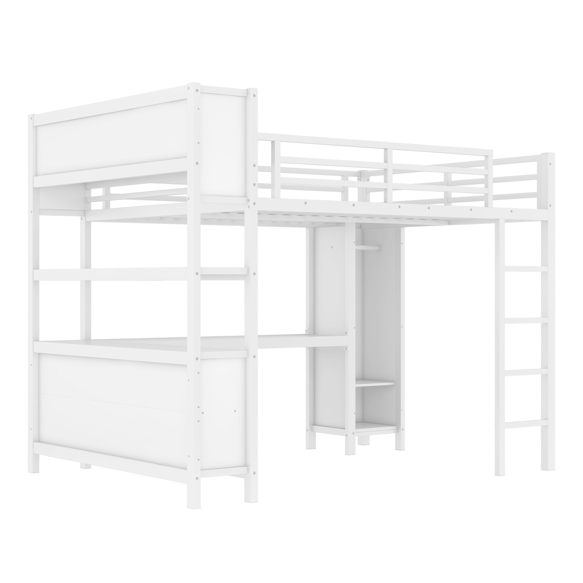 Metal Loft Bed with Wardrobe And L-shaped Desk, Queen Size Loft Bed with Storage Cubes and Shelves, Heavy Duty Loft Bed for Kids Teens Adults, White