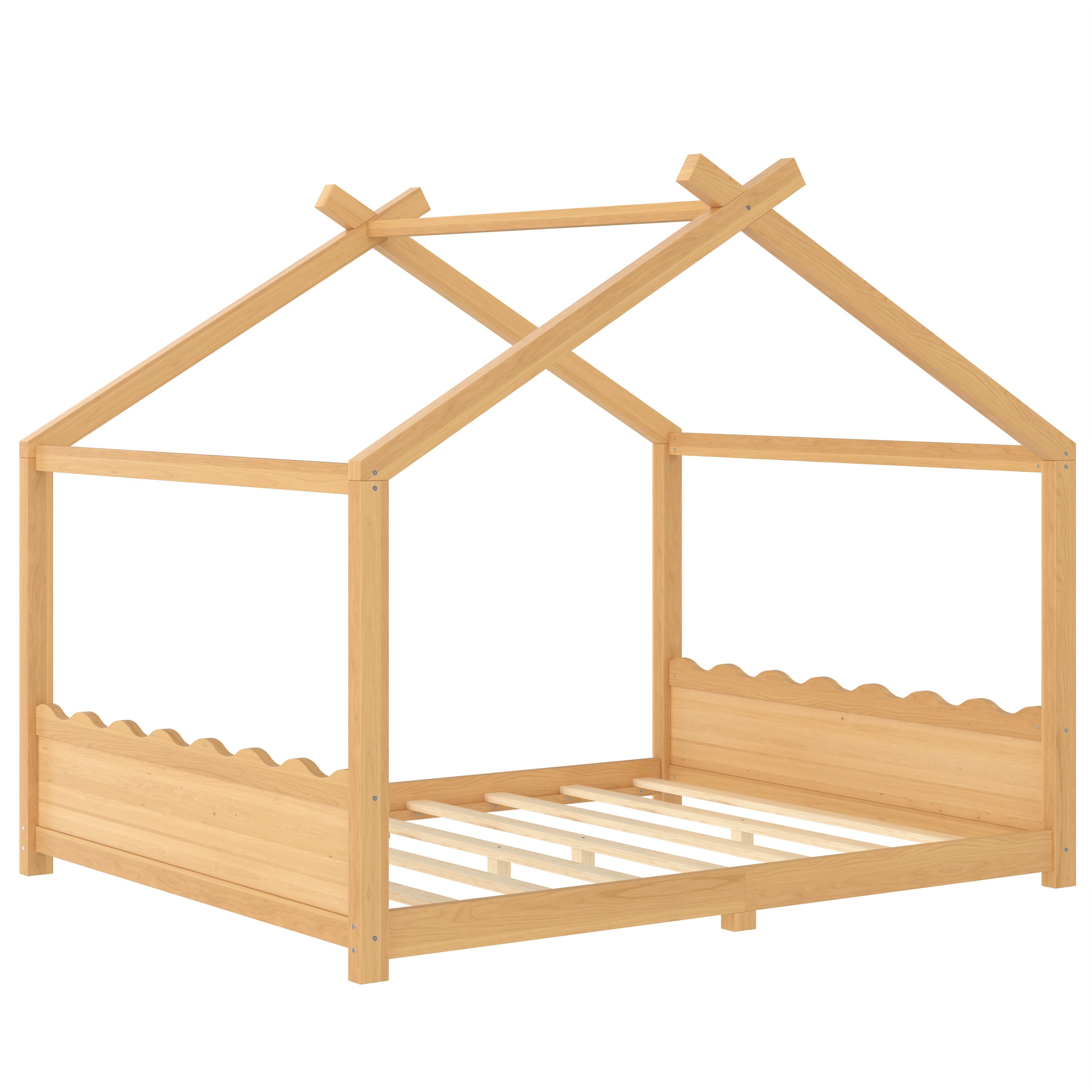 Queen House Floor Bed with Support Slats, Solid Wood House Bed Frame for Kids, No Box Spring Needed and Opening Constructure, Natural