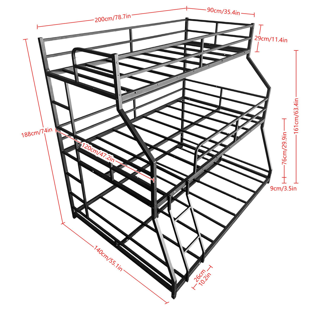 Triple Bed with Long and Short Ladder & Full-Length Guardrails , Easy Assembly ,for Kid Boy Girl ,Black