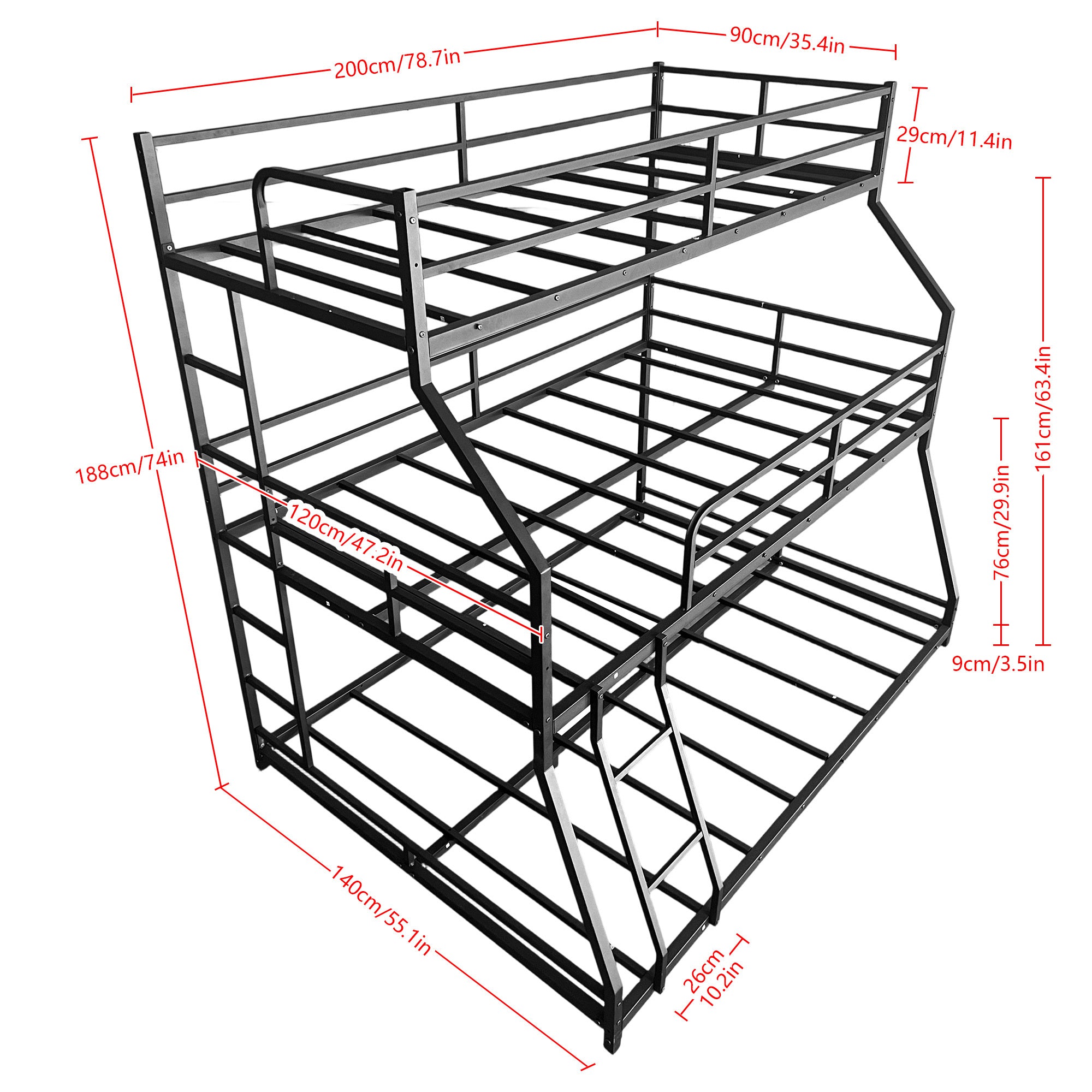 Triple Bed with Long and Short Ladder & Full-Length Guardrails , Easy Assembly ,for Kid Boy Girl ,Black