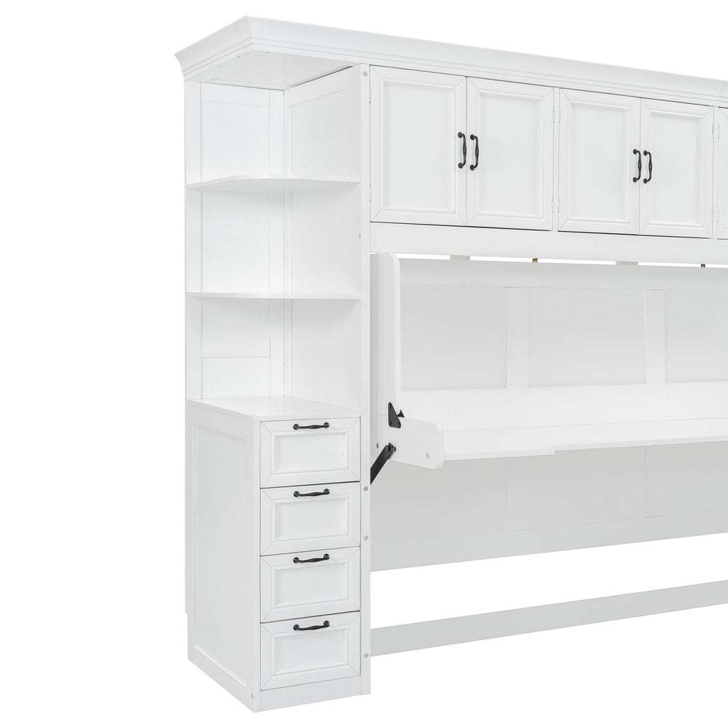 Twin Size Murphy Bed Wall Bed with Wardrobe, Cabinet and Desk, White
