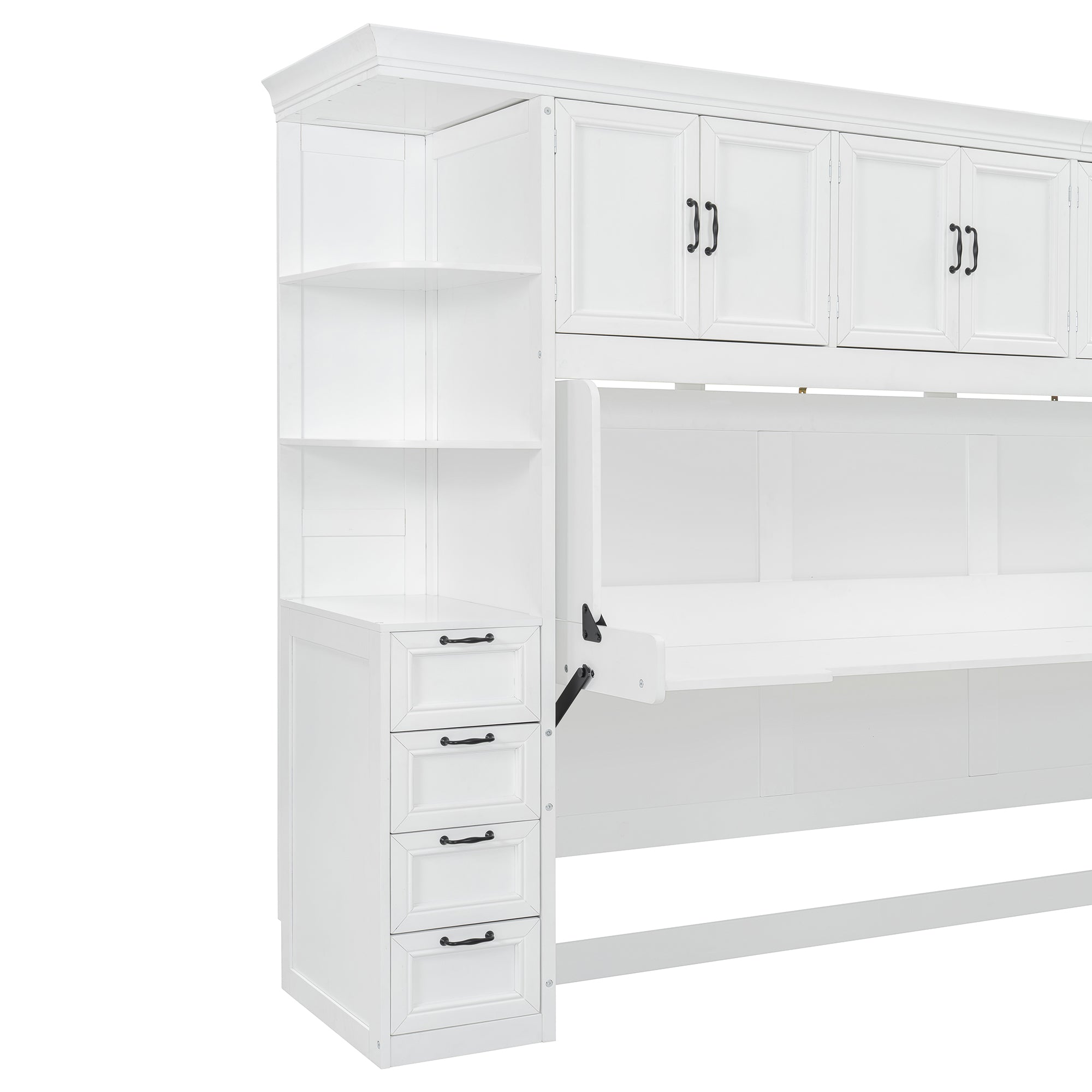 Twin Size Murphy Bed Wall Bed with Wardrobe, Cabinet and Desk, White