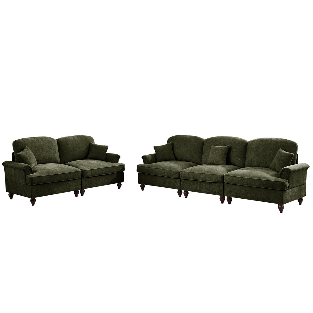 Classic 2 Piece Modular Couch Living Room Sofa Set with Flared Arms and Removable Ruffles Pleats Skirts and Spindle Legs, 3 Seater Sofa + 2-Seat Loveseat Sofa Sets for Living Room,Green