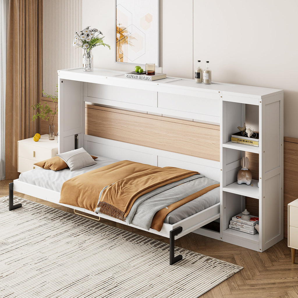 Twin Size Murphy Bed with Bookshelf, White