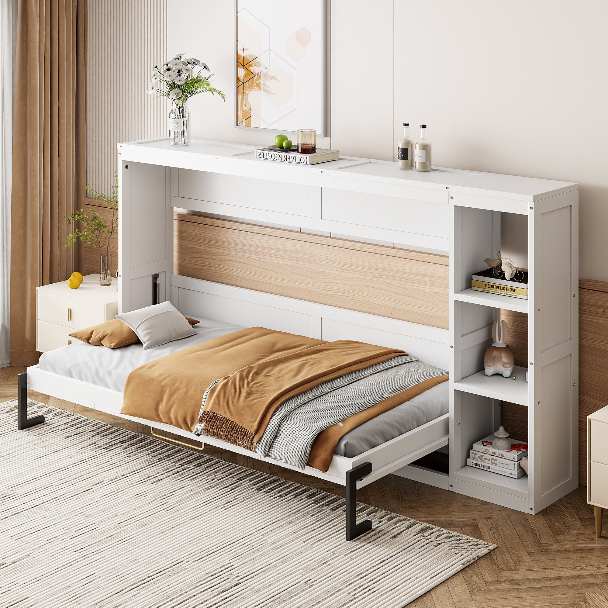 Twin Size Murphy Bed with Bookshelf, White