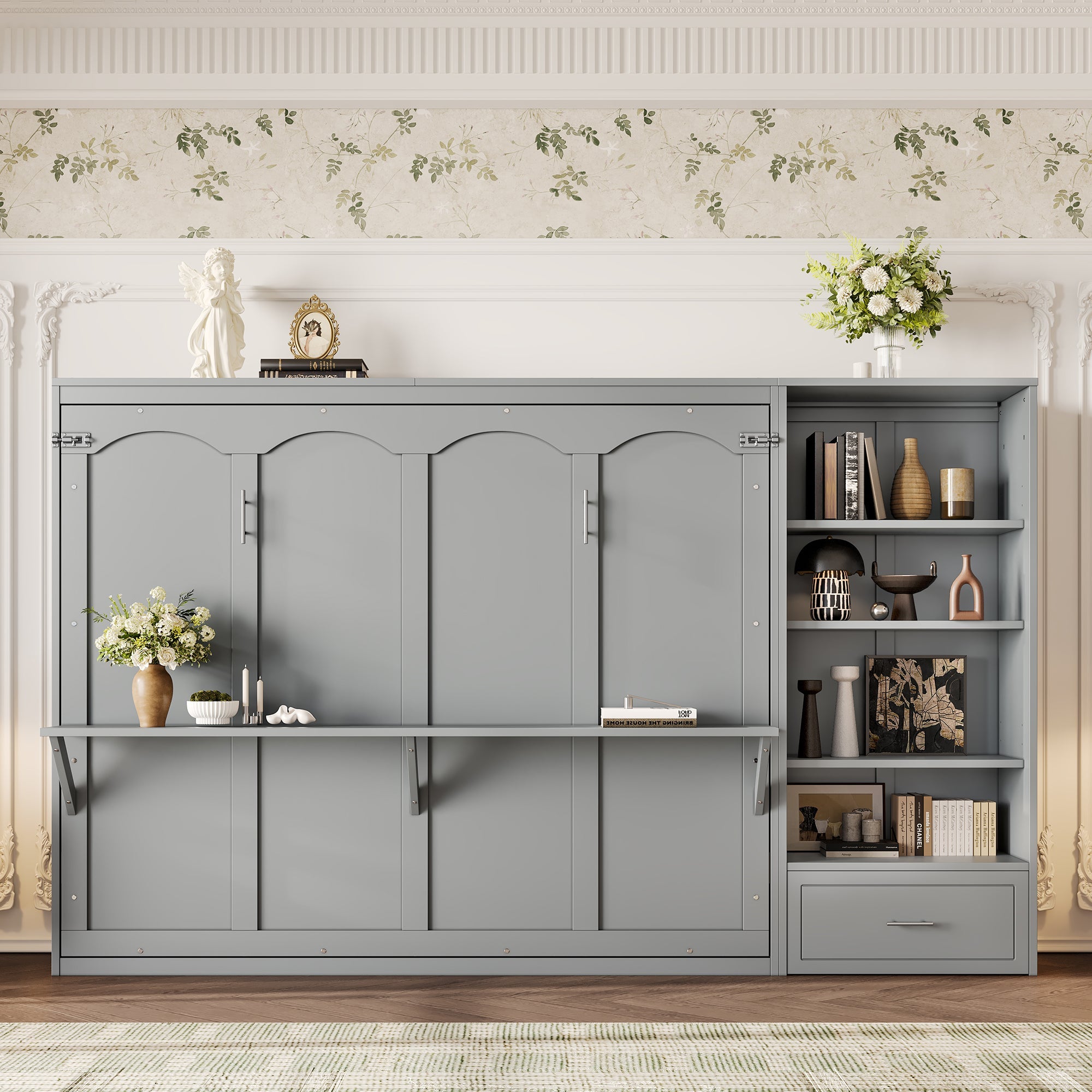 Queen Size Murphy Bed with Height Adjustable Storage Compartments and Shelf, Wall Bed Frame With 1 Drawer, Multifunctional Foldable Platform Bed for Small Space,Bedroom,Guest Room, Gray