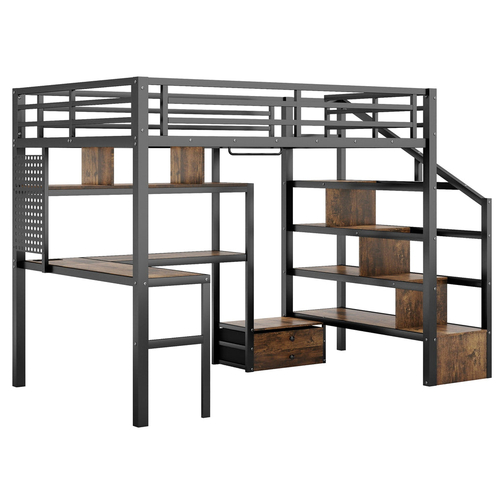 Full Size Loft Bed with LED Light & Charge Station, Metal Loft Bed with Desk and Staircase, Loft bed with Wardrobe for Kids, Black (Expect Arrival Date 2025/4/30)
