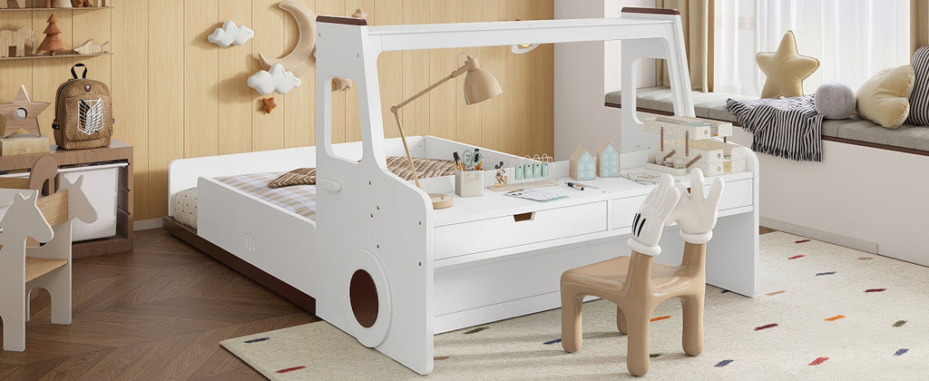 Full Size Floor Bed with Interesting Car-shape Design, Kids Car Floor Bed with Storage Drawers, Window, and Desk, Childlike Design, White