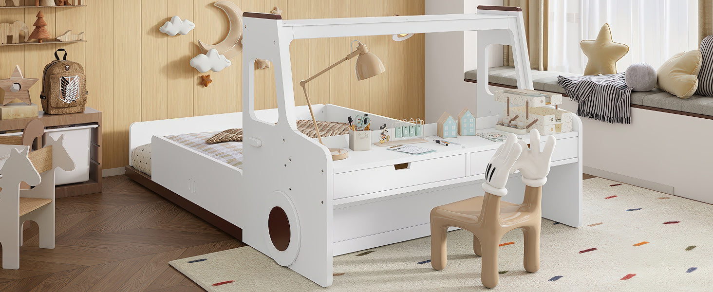 Full Size Floor Bed with Interesting Car-shape Design, Kids Car Floor Bed with Storage Drawers, Window, and Desk, Childlike Design, White