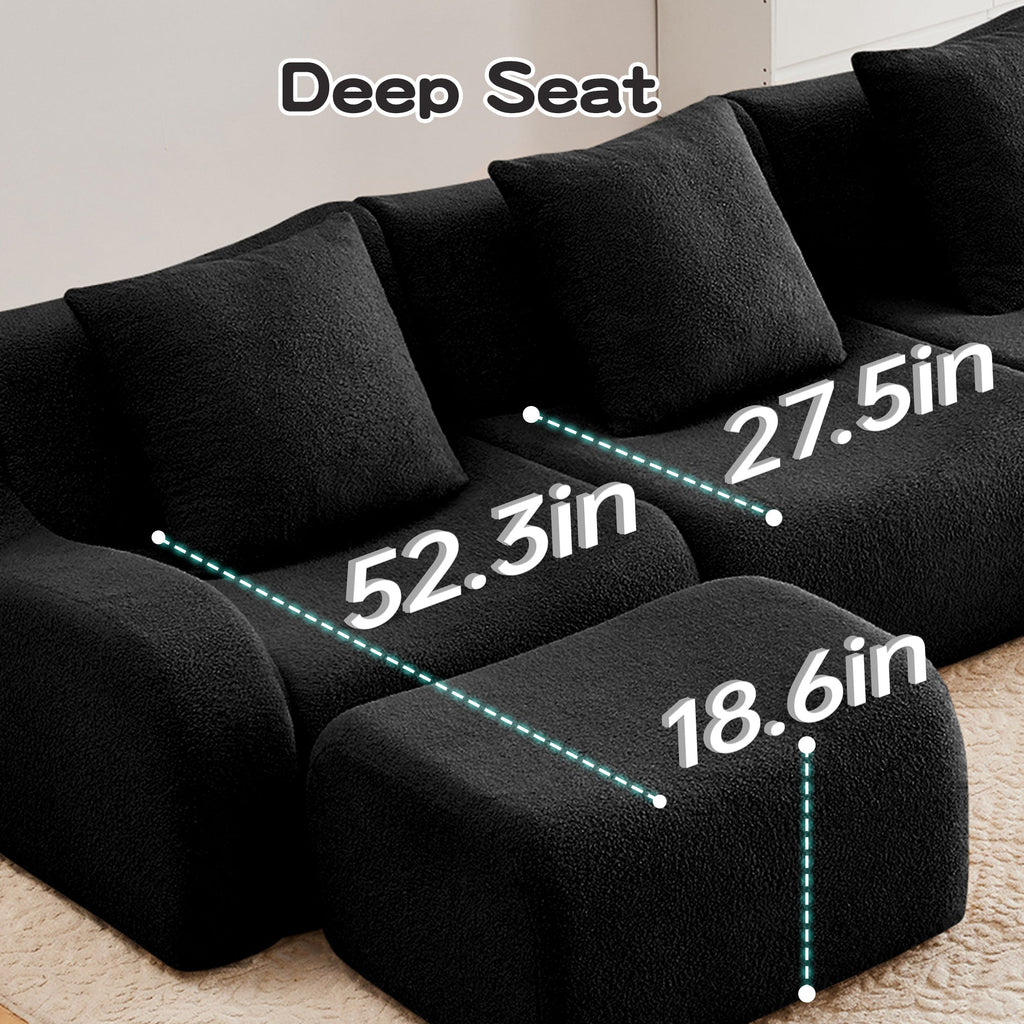 U-Shaped Boneless Sofa,Teddy Fabric No assembly required Curved armrest,Anti-slip Design,Streamlined Design 32D High Density Sponge,Full Compression Vacuum Packag,For Studies living Rooms,Black