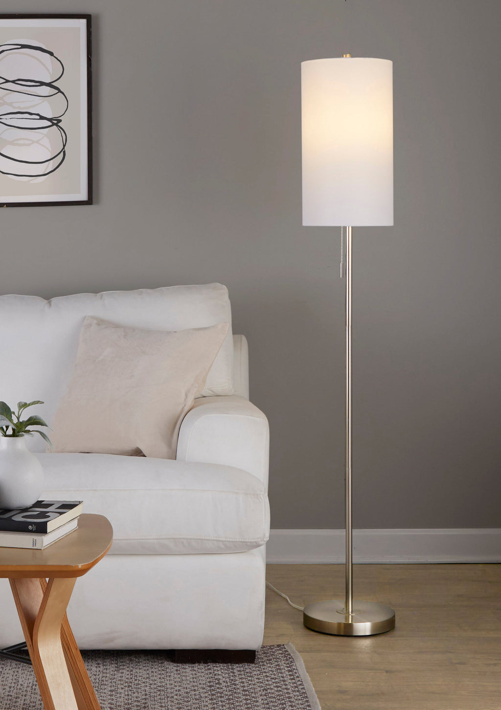 Bounty 62' Contemporary Metal Floor Lamp in Brushed Nickel with White Textured Linen Shade from Grandview Gallery by LumiSource