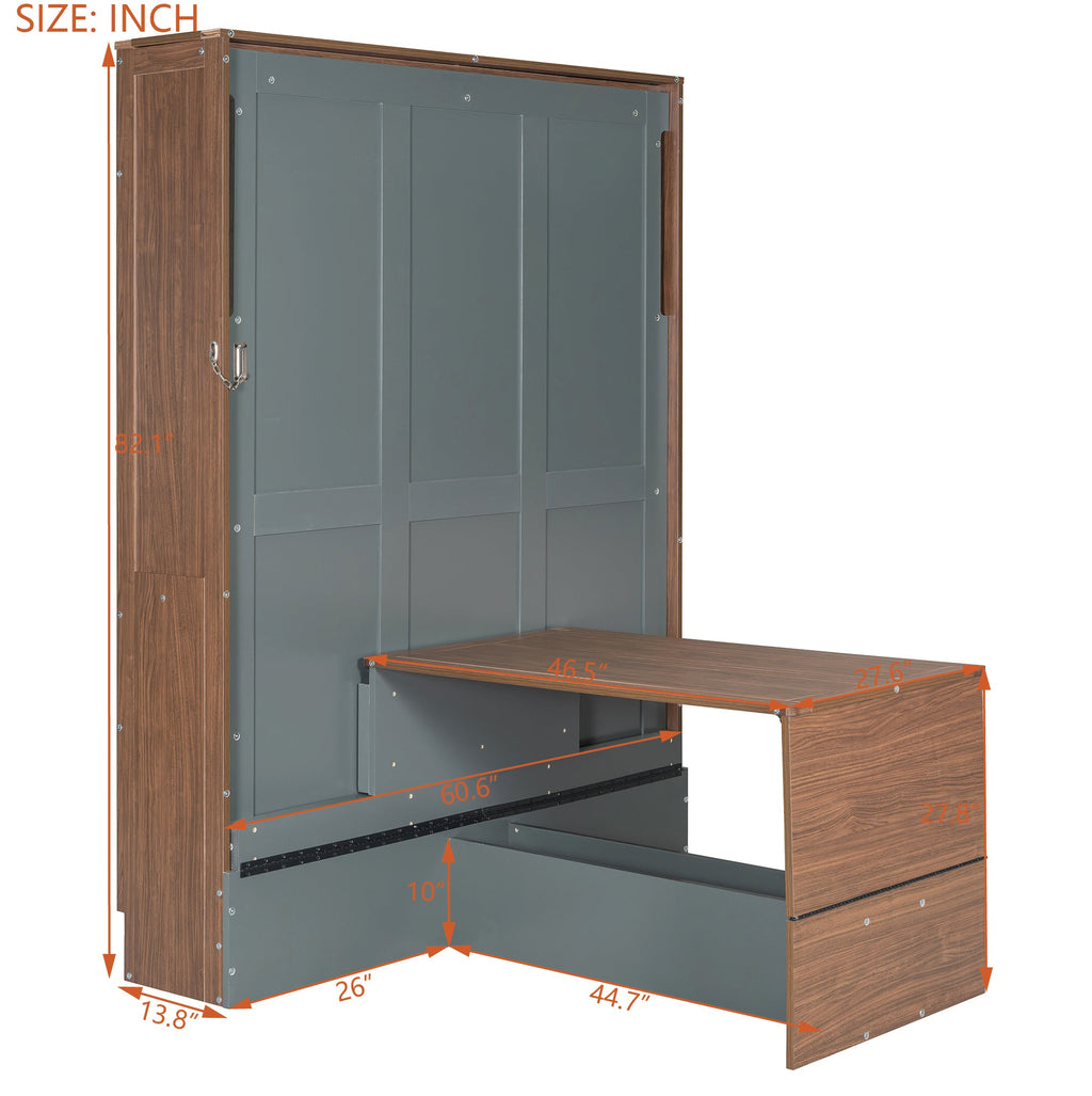 Full Size Murphy Bed with Foldable Desk – Space Saving Wall Bed - Walnut & Gray