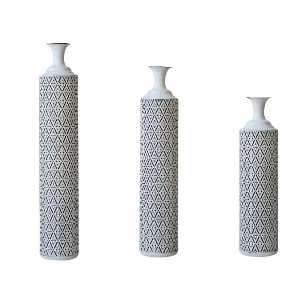 Modern Floor Vase Set – White & Black Metal Vases with Geometric Pattern – 3-Piece Home Decor Set in 24.8 in, 29.13 in & 33.85 in Heights