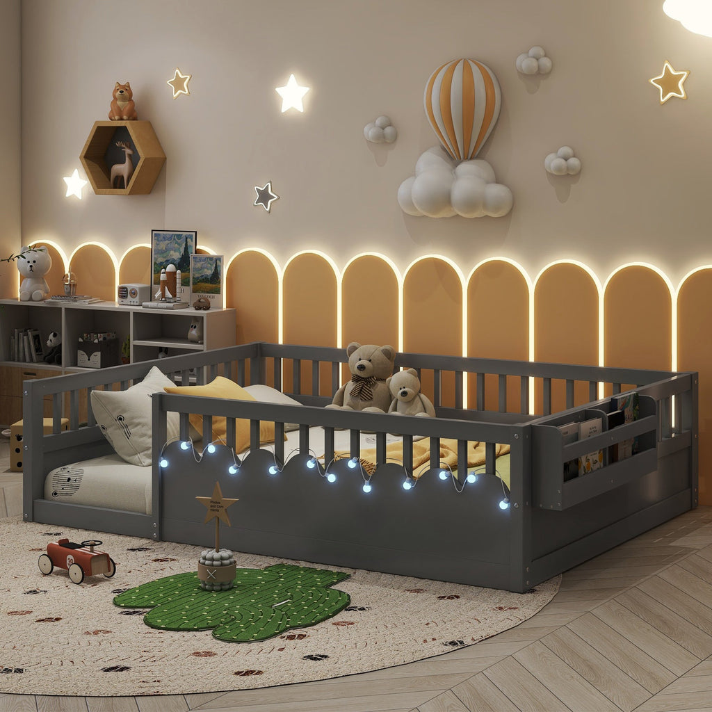 Full Montessori Floor Bed Frame with High Rails, Wood Kids Floor Beds with Light and Storage Shelf, Gray(Expect Arrival Date 2025/8/15)