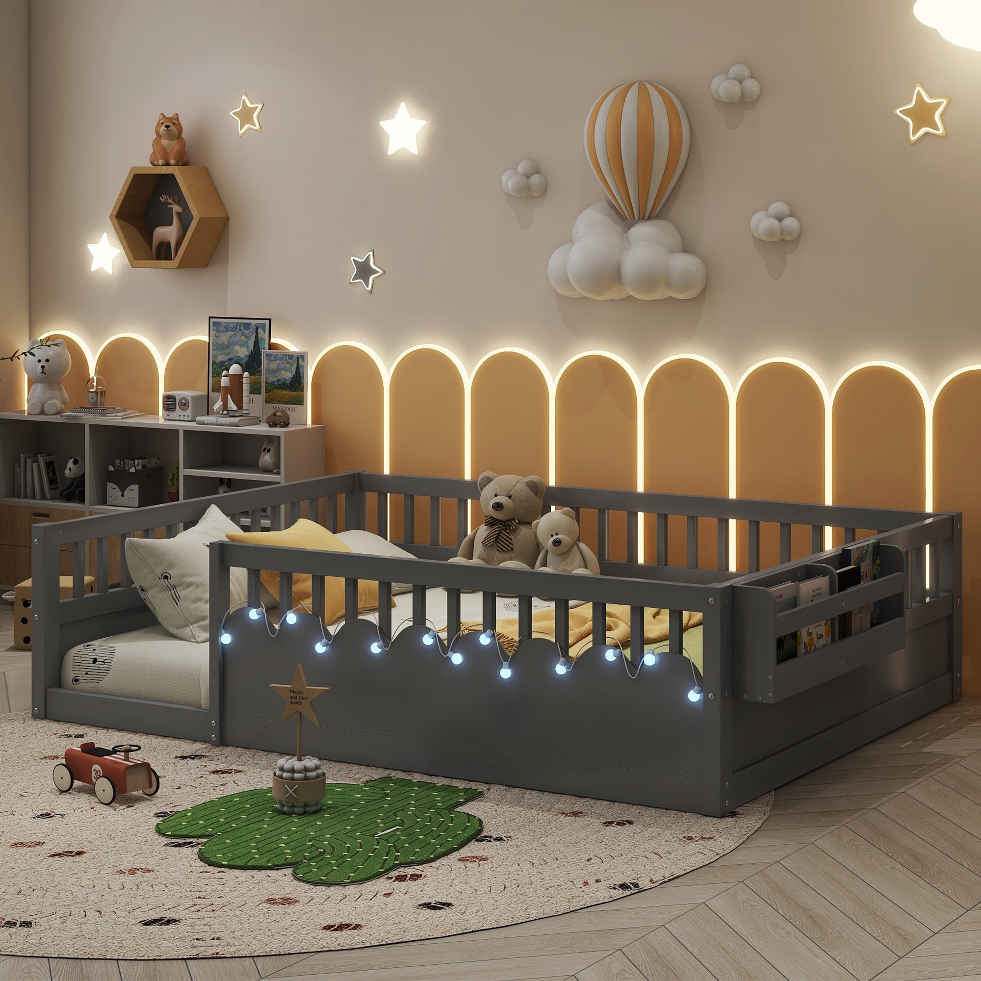 Full Montessori Floor Bed Frame with High Rails, Wood Kids Floor Beds with Light and Storage Shelf, Gray(Expect Arrival Date 2025/8/15)