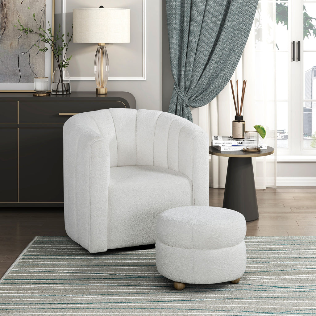 Modern Contemporary Swivel Chair with Ottoman White Boucle Fabric Upholstery Solid Wood Living Room Furniture