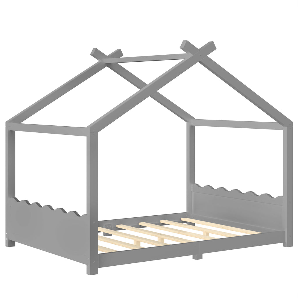 Full House Floor Bed with Support Slats, Solid Wood House Bed Frame for Kids, No Box Spring Needed and Opening Constructure, Gray