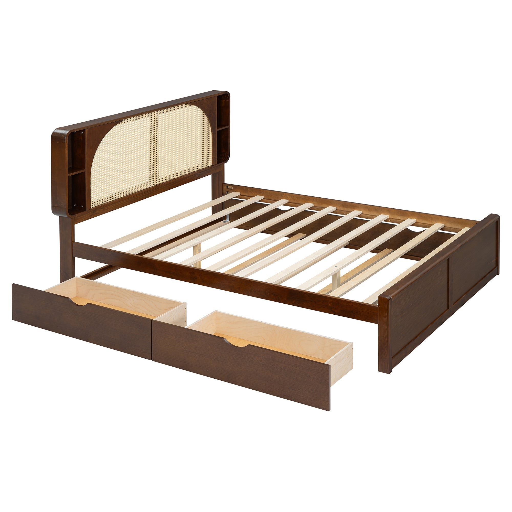 Queen Size Rattan Headboard Bed with Two Drawers and Trundle, Walnut
