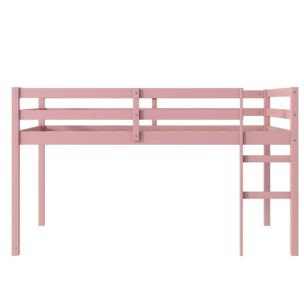 Solid Wooden, Rubber Wooden Twin Loft Bed with Ladder, Bed Platform of Strengthened Slats, Pink