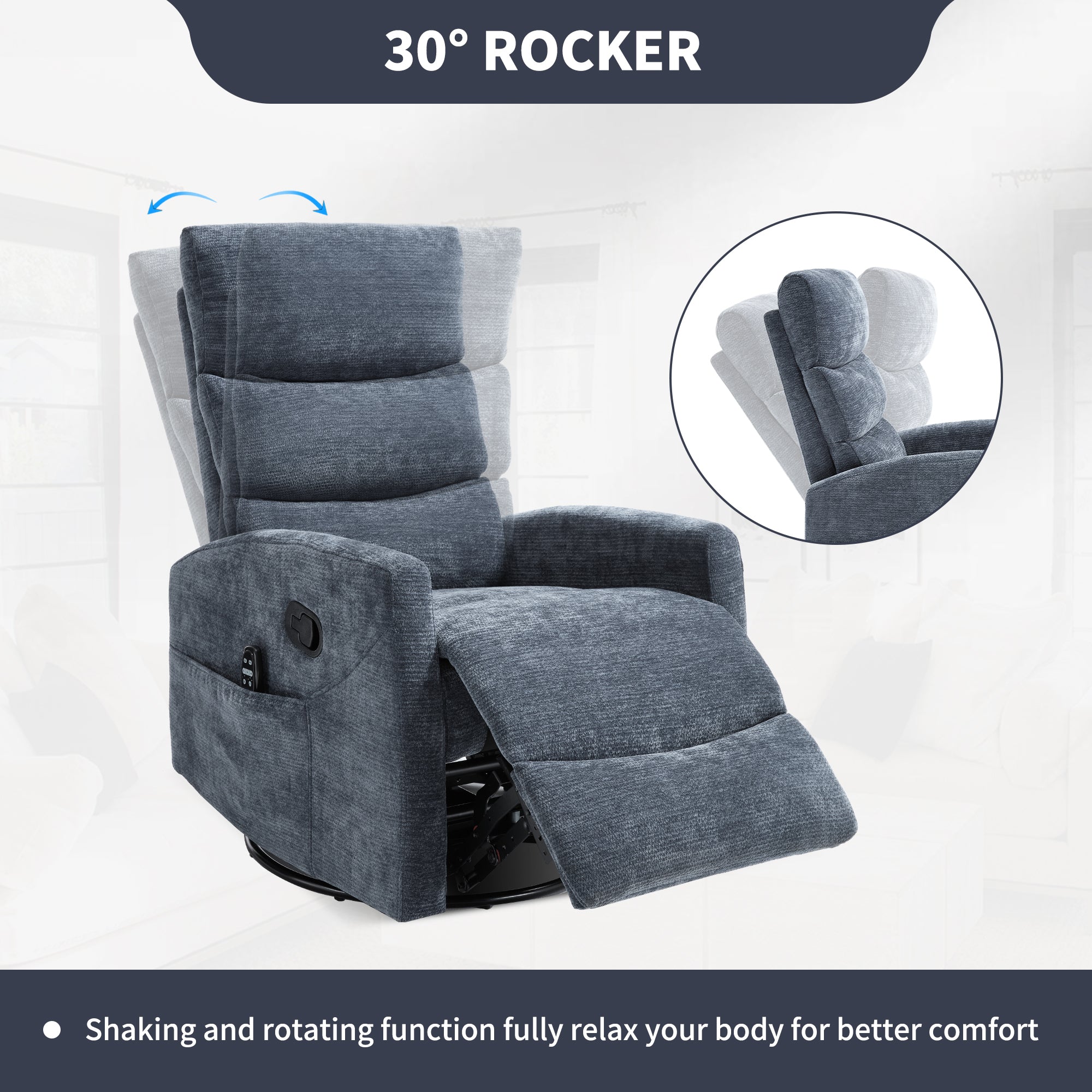 Heat Massage Manual Recliner Chair with Rocker and Swivel in Fabric for Living Room, Blue