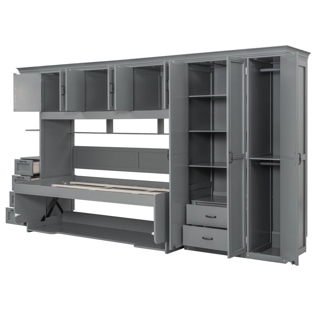 Twin Size Murphy Bed Wall Bed with Wardrobe, Cabinet and Desk, Gray